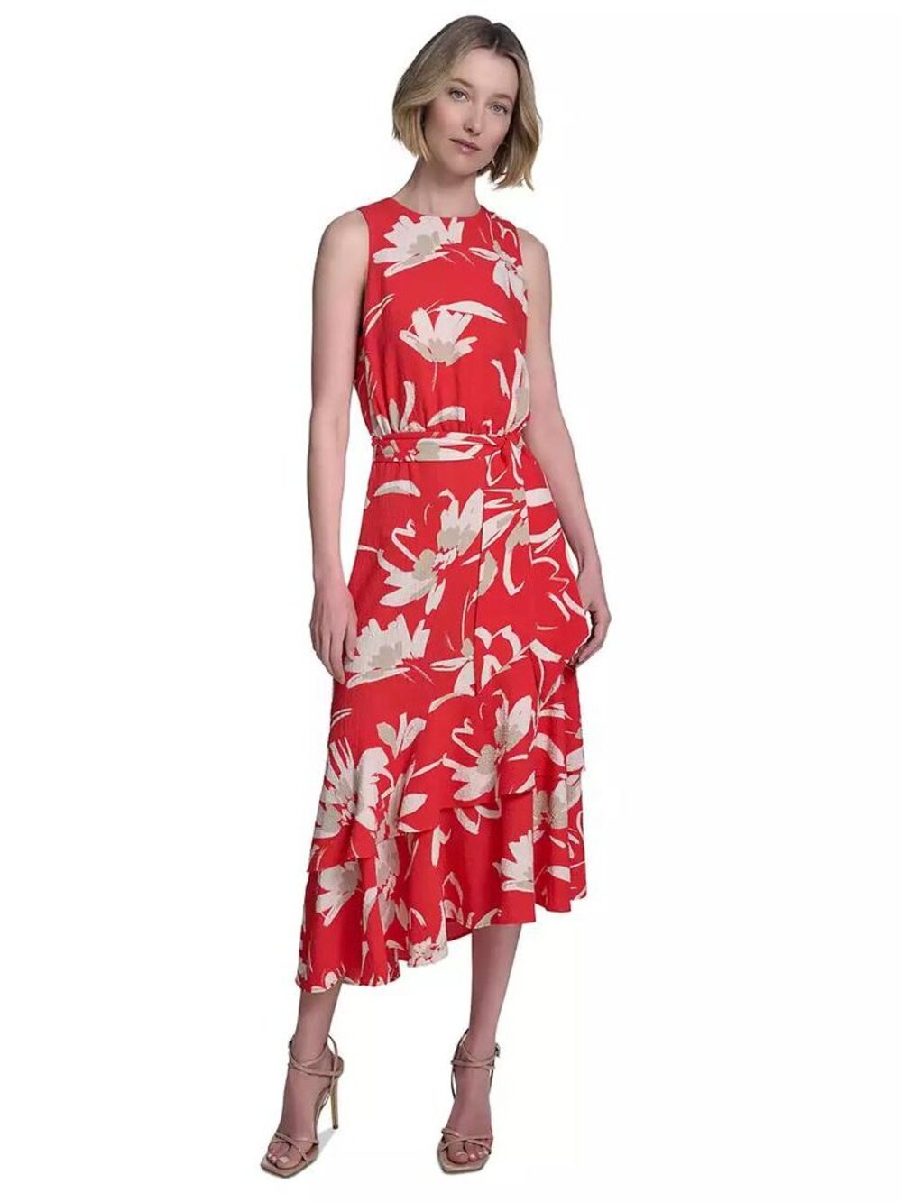 HALSTON Women's Belted Tiered Asymmetric-Hem Dress Fire/Sand Multi Size 2